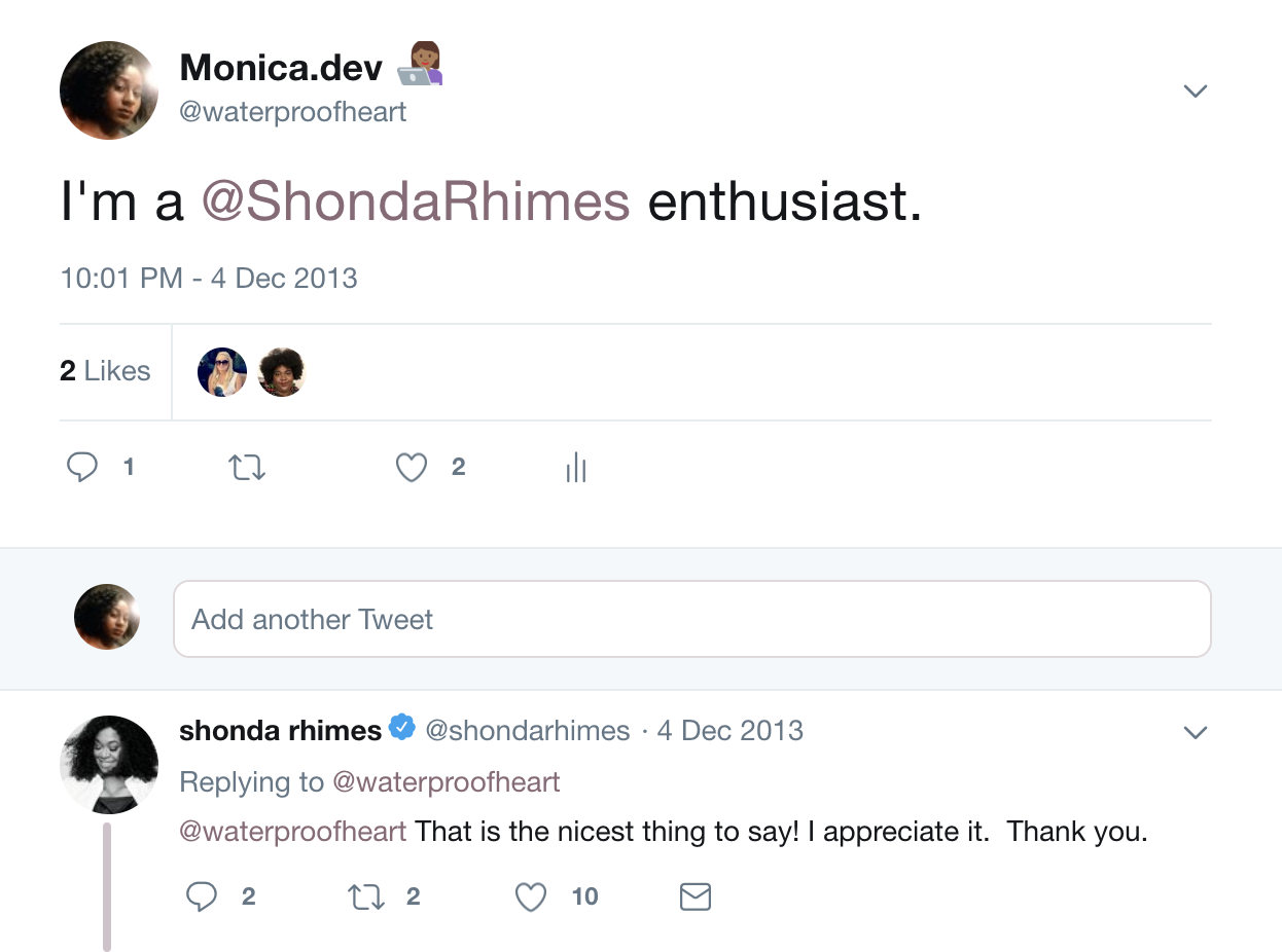 This tweet thread about being a Shonda Rhimes enthusiast https://twitter.com/waterproofheart/status/408430997517393920